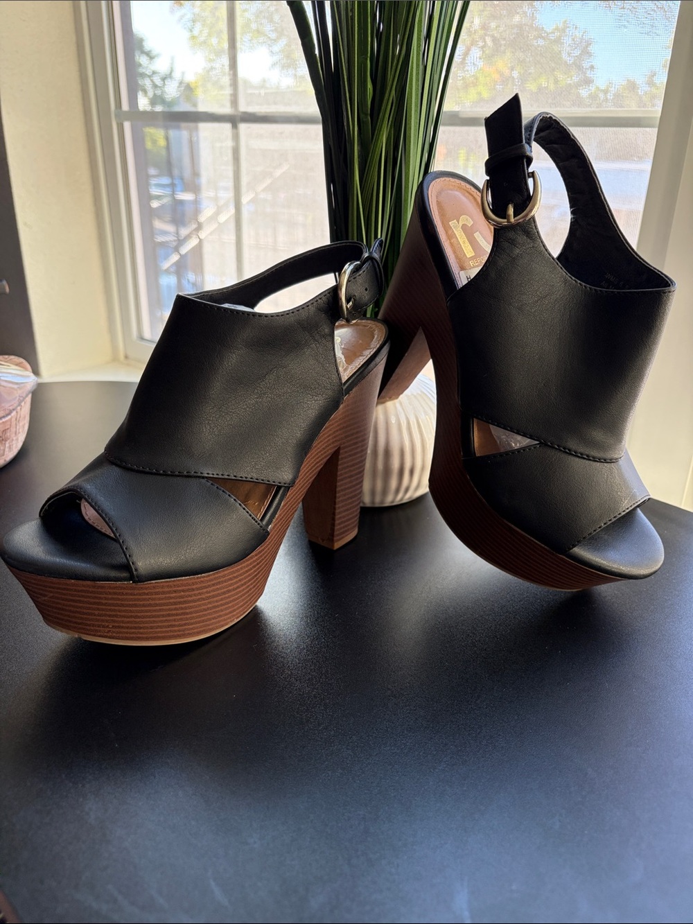 Report Black Peep-Toe Platform Slingback Heels with Brown Wood-Look Sole